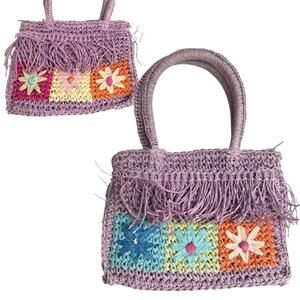 Children's Place Raffia Crochet HANDBAG PURSE Girls Flower Double Sided 6.5x4.5”